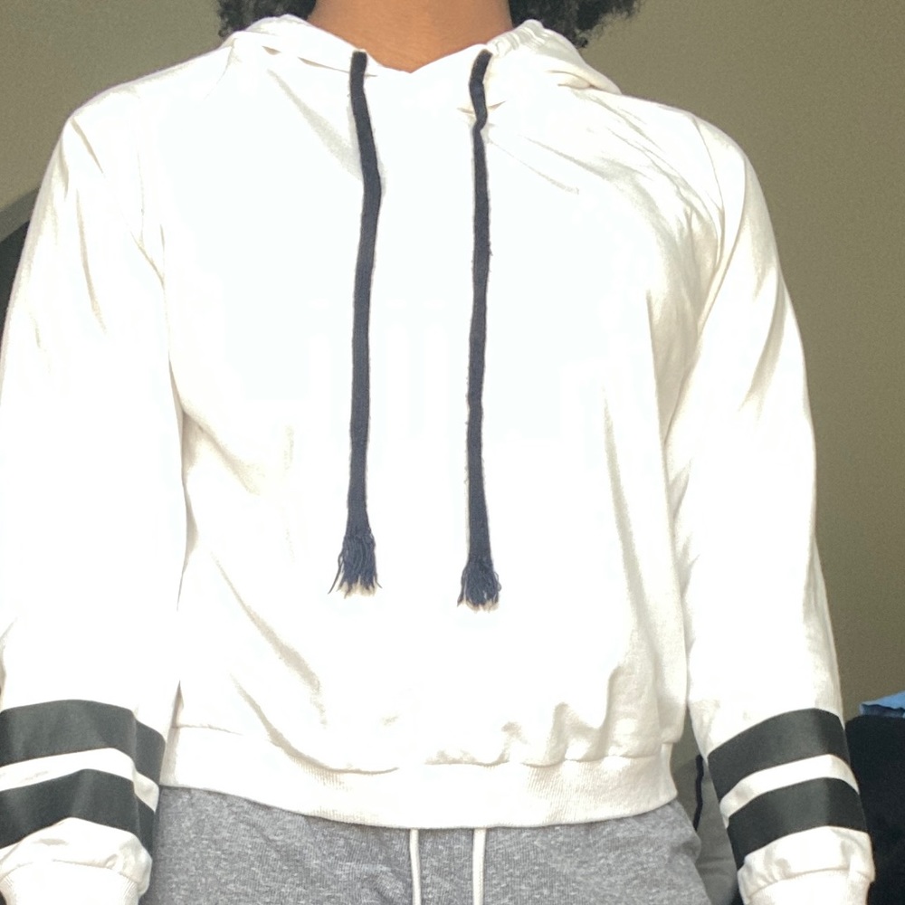 White and black hoodie with navy blue drawstrings